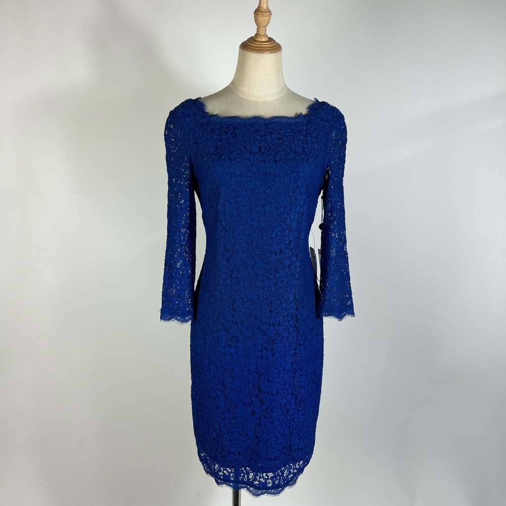 NWT ADRIANNA PAPELL Long Sleeve Cobalt Blue Lace Dress Womens 6 - Picture 2 of 8